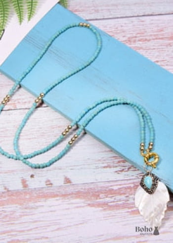 Boho Necklace, Blue Colorful Leaf Shell